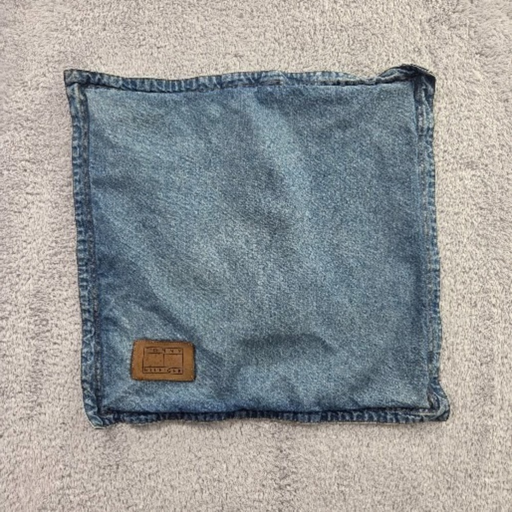 Tommy Hilfiger Denim 19x19 Throw Pillow Case Cover Blue Jean Leather Logo Vtg